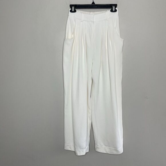 CO Draped Pocket Trousers Women 0 Ivory Pleated Front Straight Leg Pants Viscose - Picture 3 of 13